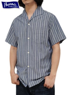 画像1: 【 Pherrow's（フェローズ） 】 半袖ストライプイタリアンカラーシャツ [  ITALIAN COLLAR SHIRTS ] [ NAVY STRIPE ] 【 メール便可 】