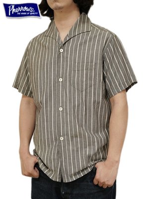 画像1: 【 Pherrow's（フェローズ） 】 半袖ストライプイタリアンカラーシャツ [  ITALIAN COLLAR SHIRTS ] [ CHARCOAL STRIPE ] 【 メール便可 】