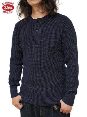 画像1: 【 UES（ウエス） 】 インディゴビッグワッフルヘンリーネックTシャツ [ Henley Neck Thermal ] [ Indigo ]