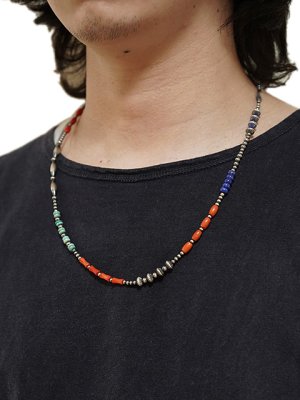 画像1: 【 Indian Jewelry（インディアン ジュエリー） 】 ナバホビーズネックレス [ Navajo Silver x  Turquoise x Coral x Lapislazuli x Onyx ] [ 63cm ] 【 メール便可 】