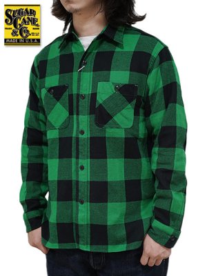 画像1: 【 SUGAR CANE（シュガーケン） 】　ツイルチェックワークシャツ [ L/S TWILL CHECK WORK SHIRT ] [ GREEN ]