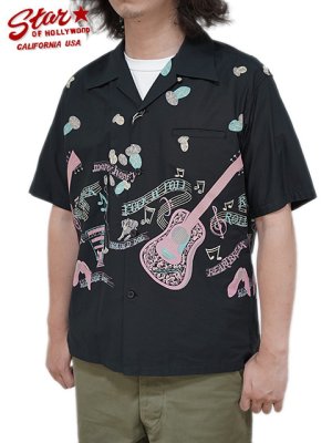 画像1: 【 STAR OF HOLLYWOOD（スターオブハリウッド） 】　COTTON TYPEWRITER OPEN SHIRT　[ ROCK'N'ROLL GUITAR ] [ BLACK ]