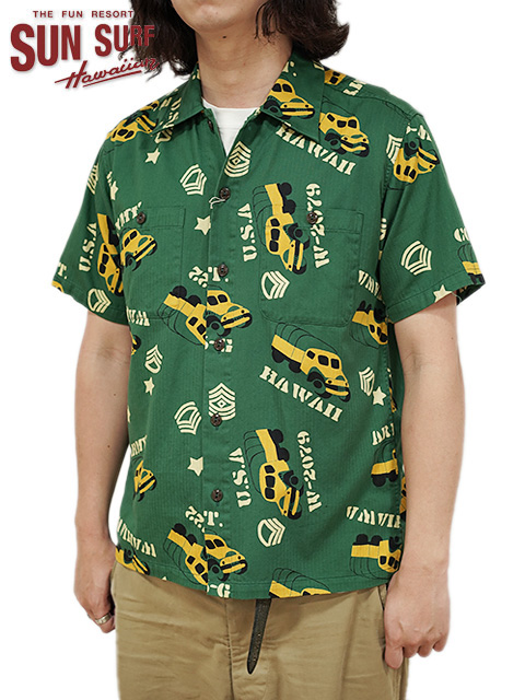 SUN SURF（サンサーフ） 】 コットンヘリンボーンアロハシャツ S/S HAWAIIAN SHIRT [ ARMY VEHICLE ] [  OLIVE ] - Lua