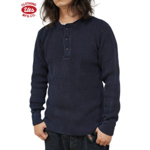 画像: 【 UES（ウエス） 】 インディゴビッグワッフルヘンリーネックTシャツ [ Henley Neck Thermal ] [ Indigo ]