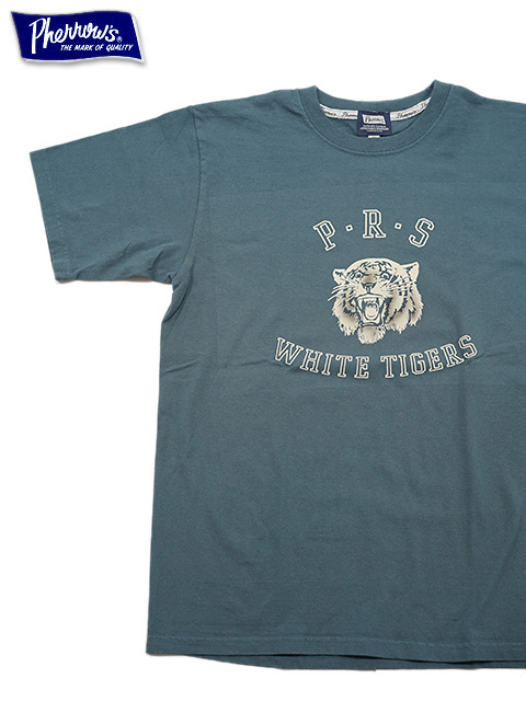 画像1: 【 Pherrow's（フェローズ） 】　フロッキープリントT-シャツ [ WHITE TIGERS ] [ BLUE GRAY ] 【 メール便可 】