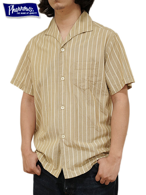 画像1: 【 Pherrow's（フェローズ） 】 半袖ストライプイタリアンカラーシャツ [  ITALIAN COLLAR SHIRTS ] [ BEIGE STRIPE ] 【 メール便可 】
