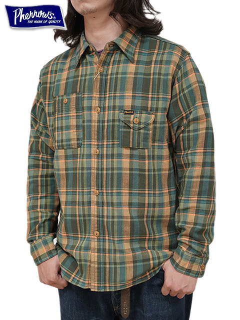 画像1: 【 Pherrow's（フェローズ） 】　ガチャポケフランネルワークシャツ　[ Flannel Work Shirts ] [ GREEN × ORANGE CHECK ]