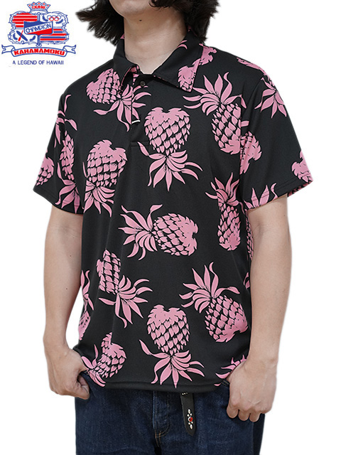 画像1: 【 DUKE KAHANAMOKU（デュークカハナモク） 】　半袖ハワイアンポロシャツ [ DUKE'S PINEAPPLE ] [ COOLMAX ] [ BLACK ]【 メール便可 】