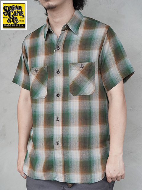 画像1: 【 SUGAR CANE（シュガーケン） 】 レーヨンオンブレーチェックワークシャツ [ RAYON OMBRE CHECK WORK SHIRTS ] [ GREEN ] 【 メール便可 】