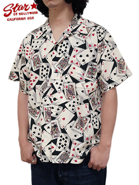 画像1: 【 STAR OF HOLLYWOOD（スターオブハリウッド） 】　S/S TYPEWRITER COTTON OPEN SHIRT　[ PLAYING CARDS ] [ BLACK ]