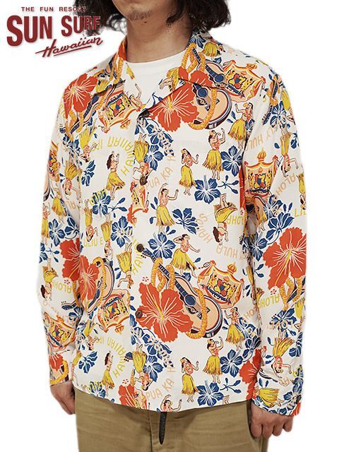 画像1: 【 SUN SURF（サンサーフ） 】 長袖アロハシャツ L/S HAWAIIAN SHIRT [ LOVELY HULA HANDS ] [ OFF WHITE ]